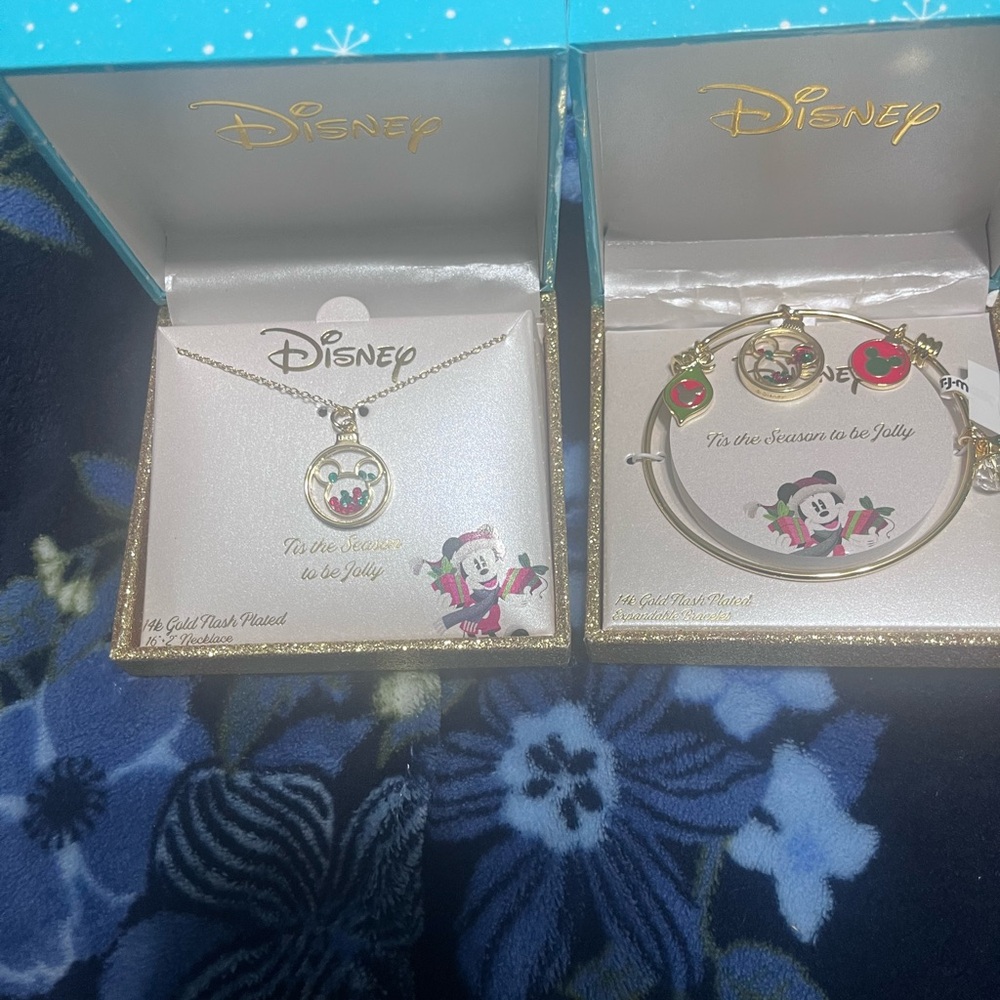 Disney Gold Matching Mickey Mouse Christmas Necklace and Bracelet